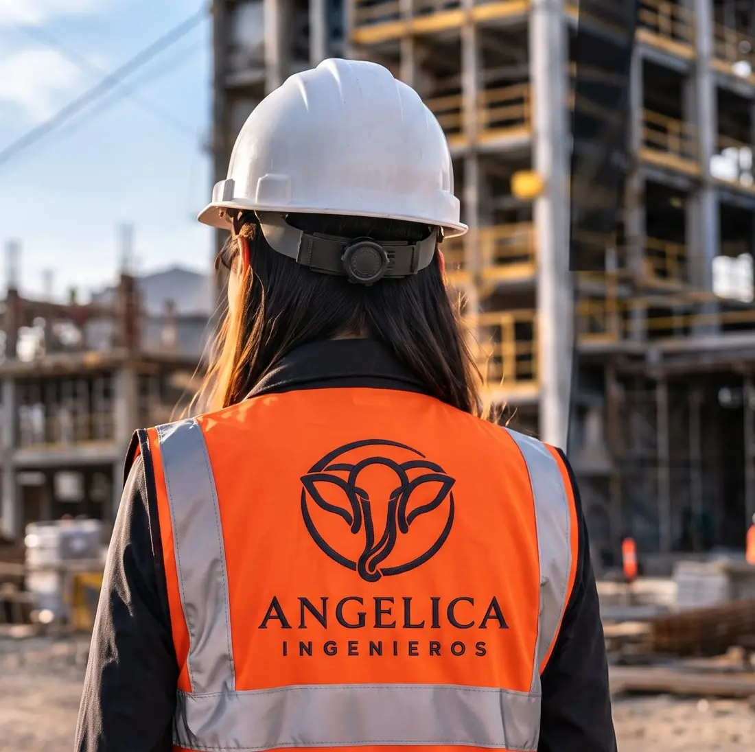 Prevencionista de ANGELICA INGENIEROS con casco y chaleco en obra